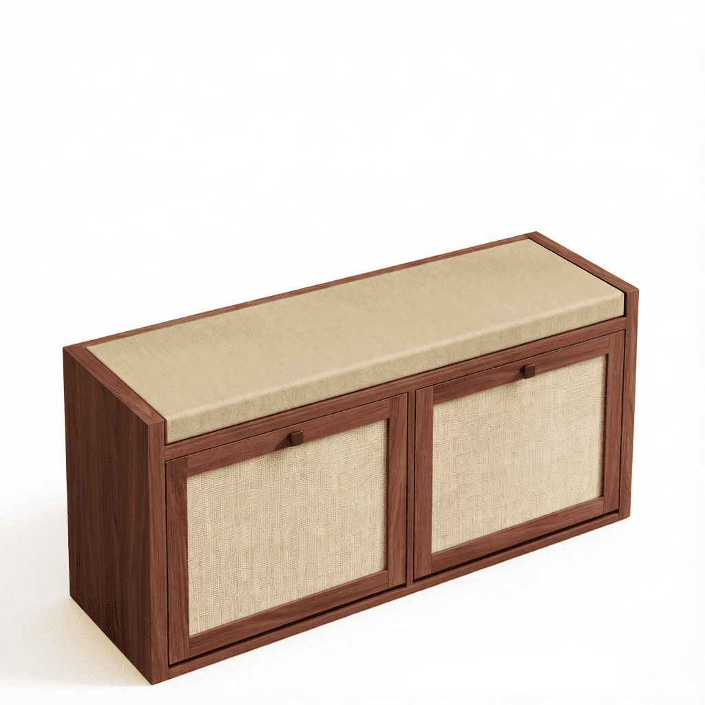 Shoe Storage Bench with Padded Seat, Shoe Storage Bench 2 Rattan Doors for Entryway
