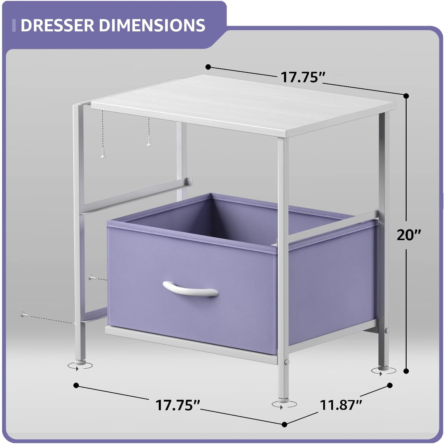 Sorbus Nightstand with 2 Drawers, Steel Frame, Wood Top, Fabric Bins, Purple