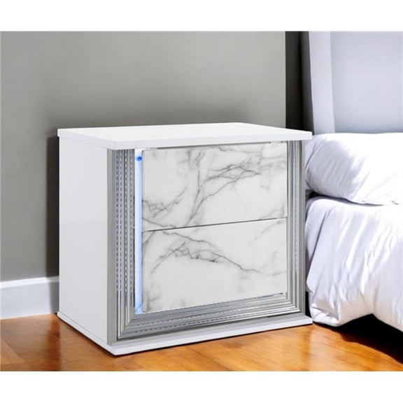 HomeRoots 564663 25 in. White Two Drawer Wood & Faux Marble Lighted Nightstand