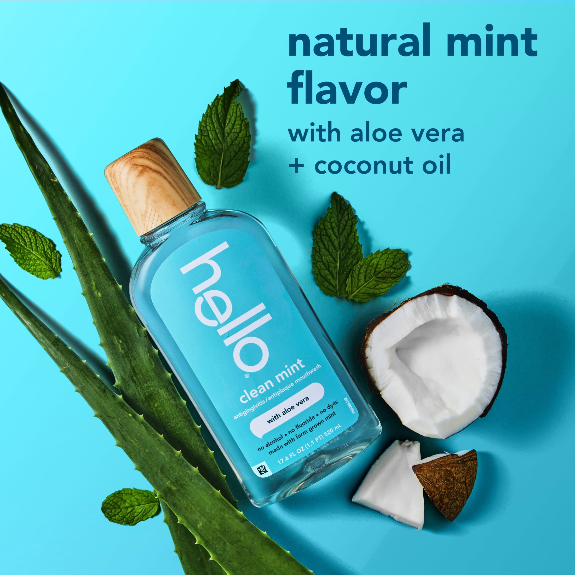 hello Clean Mint Alcohol Free Mouthwash with Aloe Vera, Fluoride Free Gum Mouthwash, 17.6 fl oz