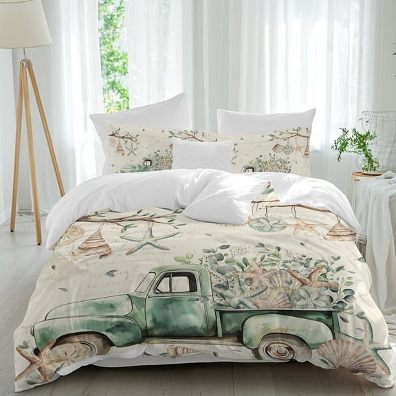 Sage Green Truck 4 piece Duvet Cover Set, Comfort Bedding Set Queen Size Include a Duvet Cover, a Bed Sheet, 2 Pillowcase with Zipper for All Season