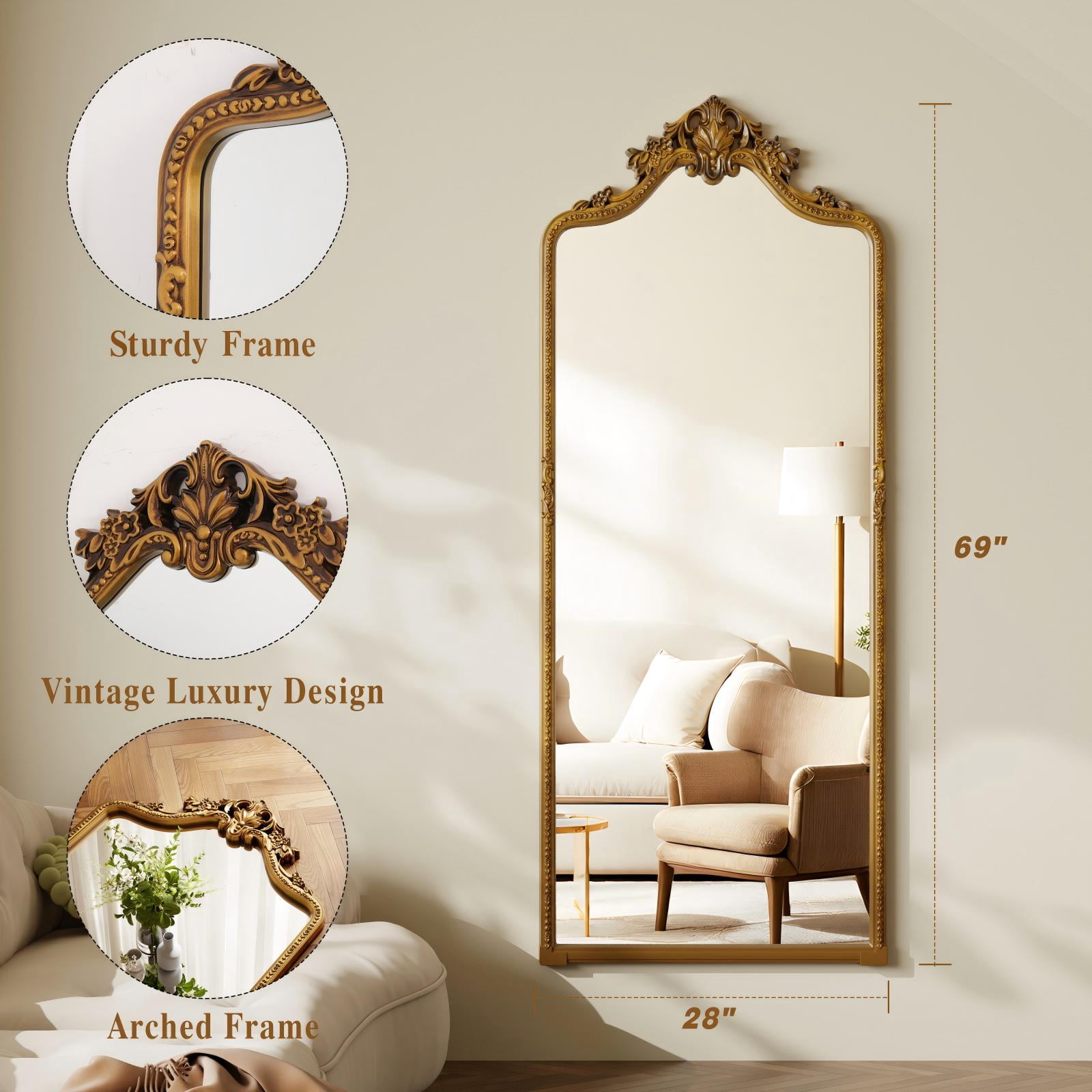 Easy4Home 69"x28" Arched Full-Length Floor Mirror, Luxurious Vintage Design with Ornate Carving, Antique Gold