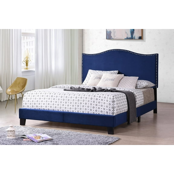 Kings Brand Furniture Blue Velvet Upholstered Bed with Headboard & Nailhead Trim, Full Size