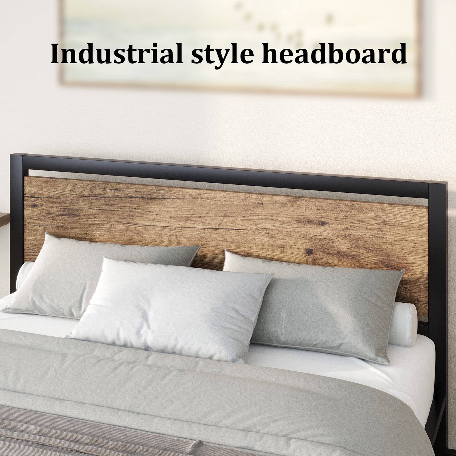 4 EVER WINNER Full Bed Frame with Headboard, Industrial Style Bed Frame Full Size, Full Size Bed Frame with Wooden Footboard, No Box Spring Needed, Noise-Free, Easy Assembly, Brown