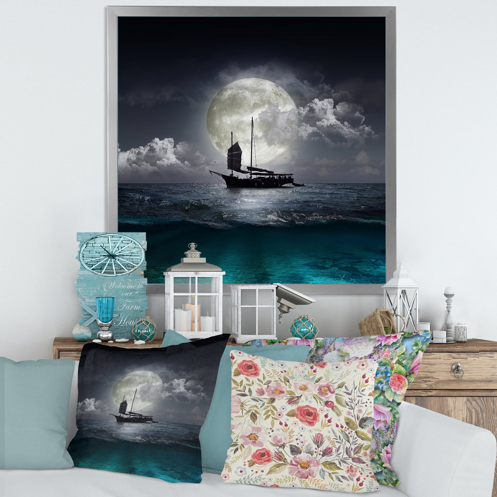 The Lake During Full Moon With Fisher Boat 30 in x 30 in Framed Photography Canvas Art Print, by Designart