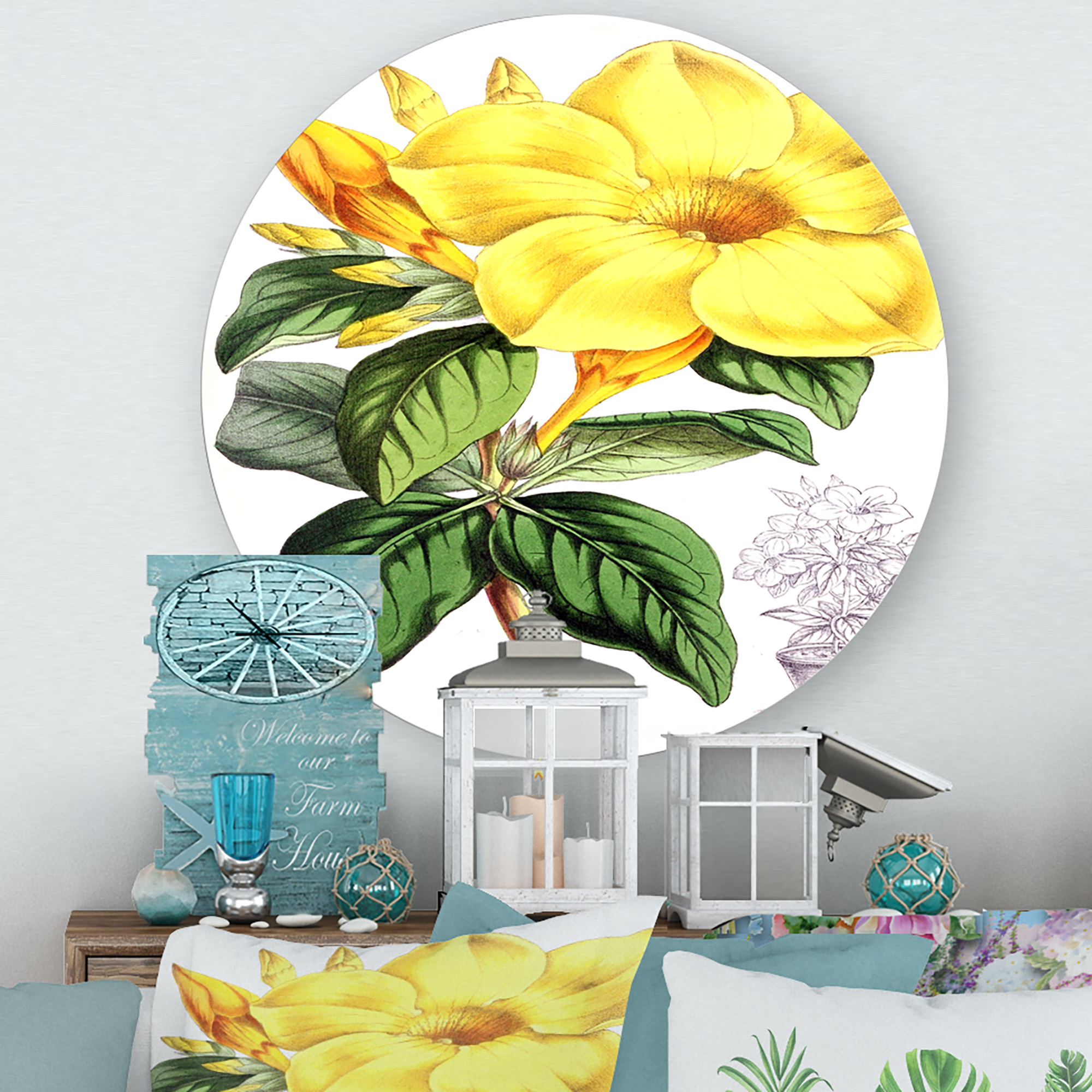 Designart 'Green Leaves With Tropical Yellow Flowers II' Traditional Circle Metal Wall Art 23x23 - Disc of 23