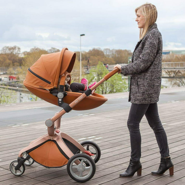 Hot Mom Baby Stroller Reversible Luxury PU Leather Pram,Brown