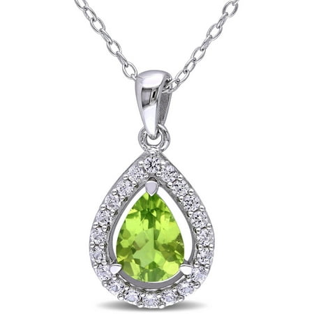 Tangelo 1-3/5 Carat T.G.W. Peridot and Created White Sapphire Sterling Silver Halo Teardrop Pendant, 18