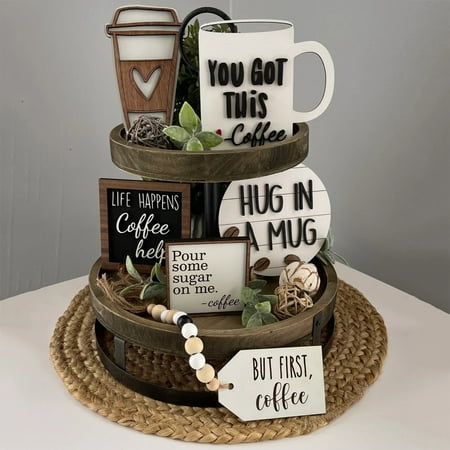

Clearance!! Coffee Bar Decoration Logo Farmhouse Layered Tray Decoration Coffee Wood Logo Coffee Cup Wood Pearl Ring Rural Layered Tray Kitchen Table Decoration Coffee Tier Tray