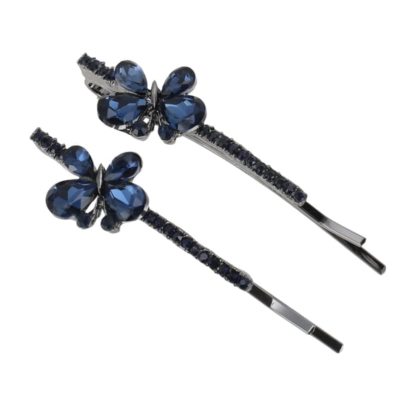Unique Bargains 1 Pair Bobby Pin Butterfly Rhinestone Hair Clips Silver Tone Dark Blue