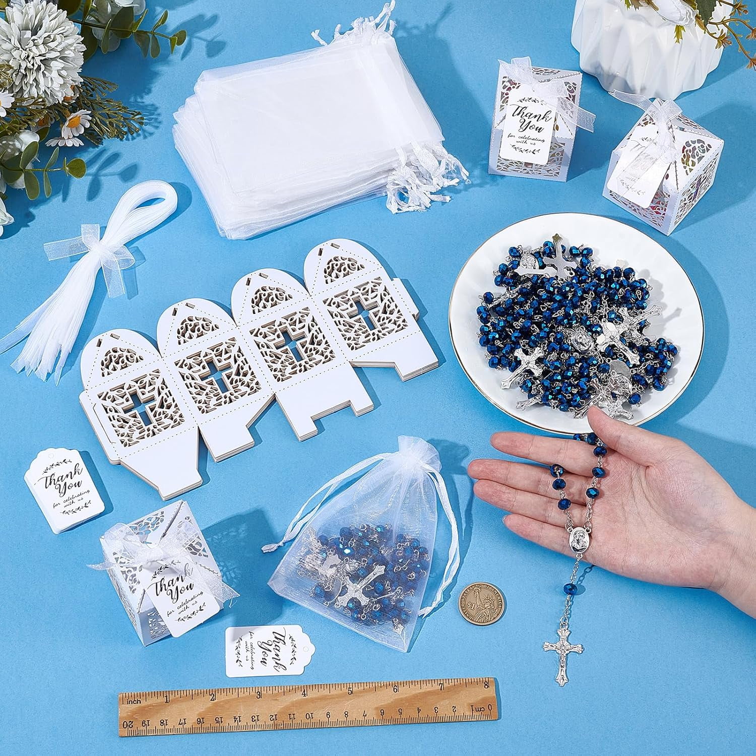 120PCS Baptism Favors Set Including 30 Mini Rosary Baptism Favors 30 Hollow Gift Boxes 30 Organza Bags 30 Thank You Tags Christening