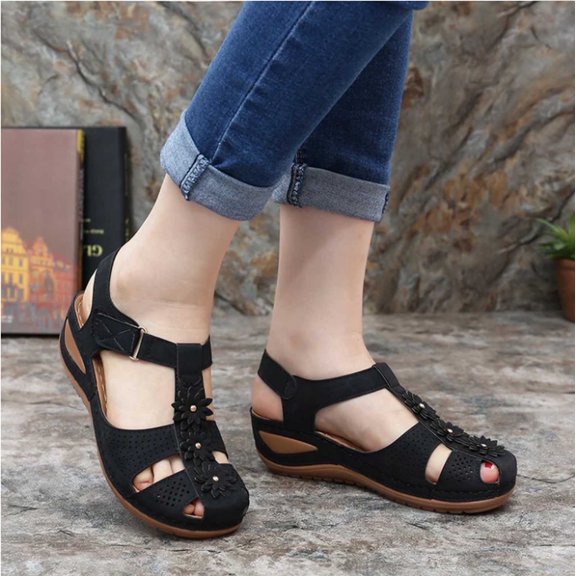 AXXD Women Black Sandals Summer Closed-Toe Comfortable Hollow Flowers Round Toe Sandals Soft Sole Shoes