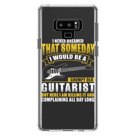 DistinctInk Clear Shockproof Hybrid Case for Samsung Galaxy Note 9 - TPU Bumper Acrylic Back Tempered Glass Screen Protector - Never Dreamed I'd Be Grumpy Old Guitarist