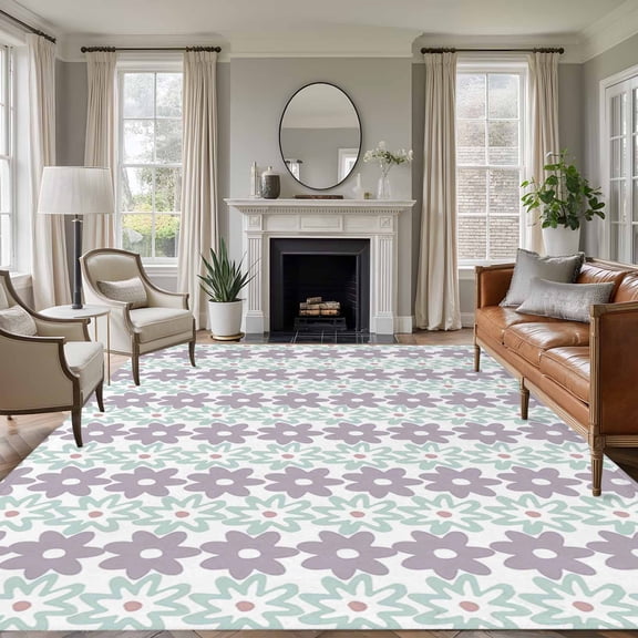 Teal Purple Floral Area Rugs 5'x7', Washable Small Throw Rugs for Laundry Room Playroom, Modern Abstract Art Spring Flowers Indoor Outdoor Rug Non-Slip Low Pile Carpet Runner Reversible Floor Mats