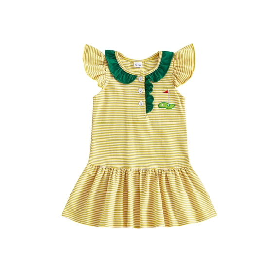 BemeyourBBs Toddler Baby Girl Golf Dress Outfits Summer Striped Dress Golf Embroidered Ruffled Trim Crew Neck Flying Sleeve A Line Dress