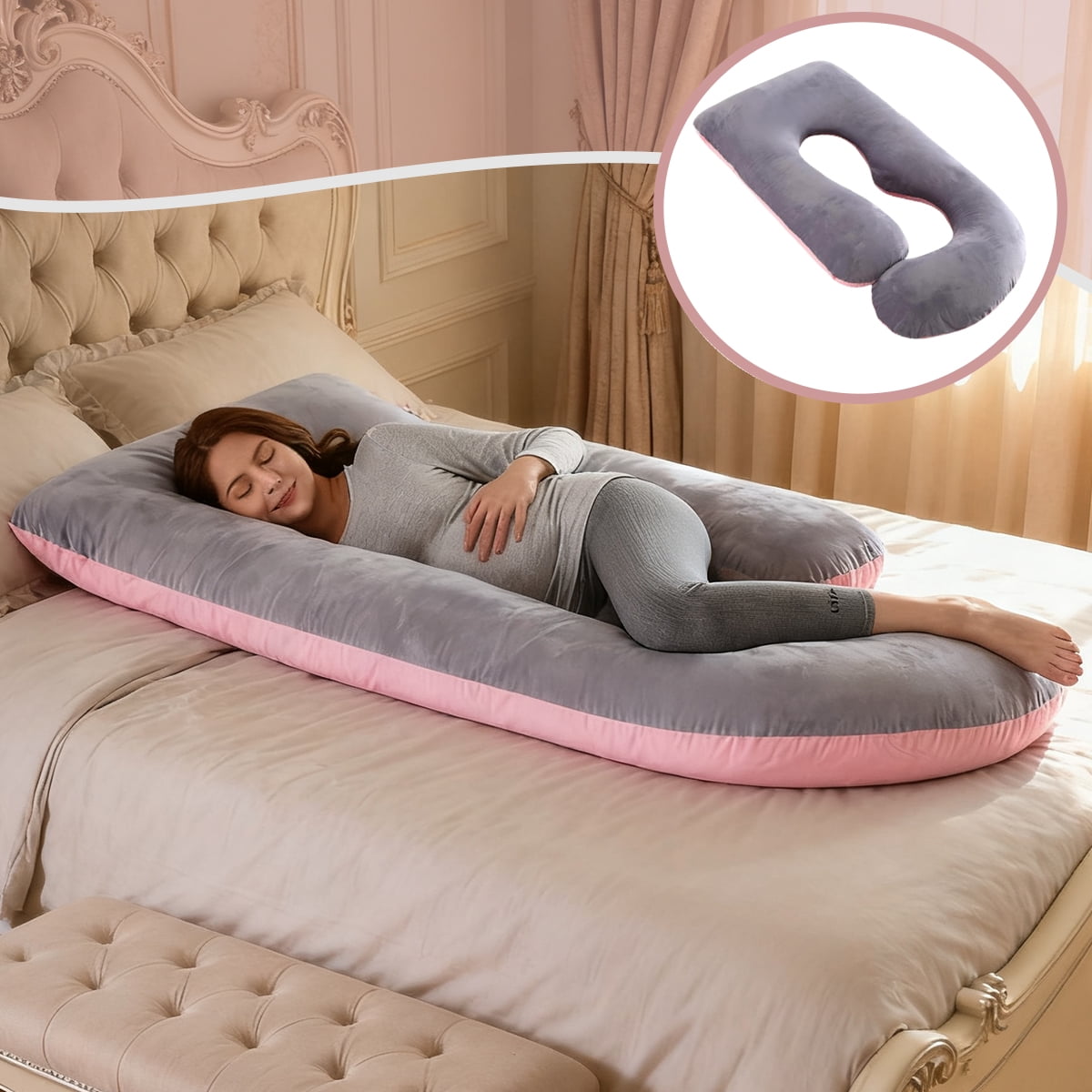Supportive J Shape Alcohol-Free Polyester Maternity Pillow for Multi-Position Sleeper, Pink