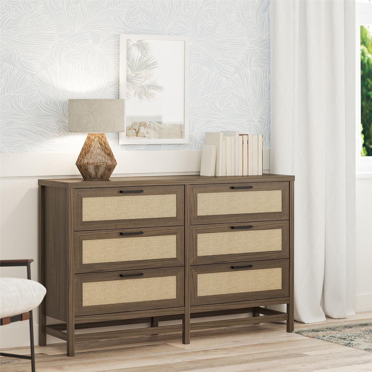 Lennon 6 Drawer Dresser, Medium Brown and Faux Rattan