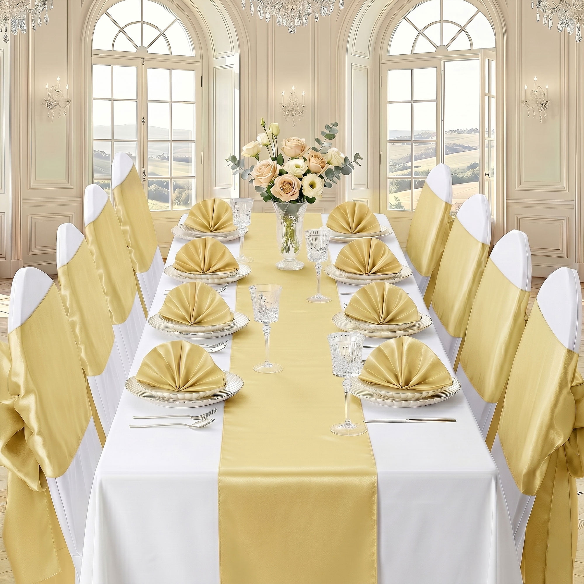 TickJOY 12 Pcs Satin Table Runner 12x108 Inches Long, Satin Silk-Like Smooth Table Decorations for Birthday Parties, Buffet, Banquets, Graduations, Engagements (Champagne, 12'' x 108'')