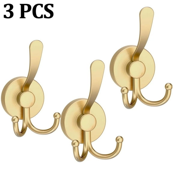 3 Pcs Suction Cup Hooks, Large Double Shower Hooks for Inside Shower, Heavy Duty Suction Hook for Glass Window, Double Hook for Hanging Bath Towels - 3 Pack, Gold