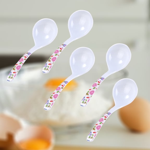 Hytrove 5 Pcs Large Soup Spoon Imitation Ceramic Plastic Long Handle Soup Scoop Kitchen Ladles for Eating Soup Porridge (Random Pattern)