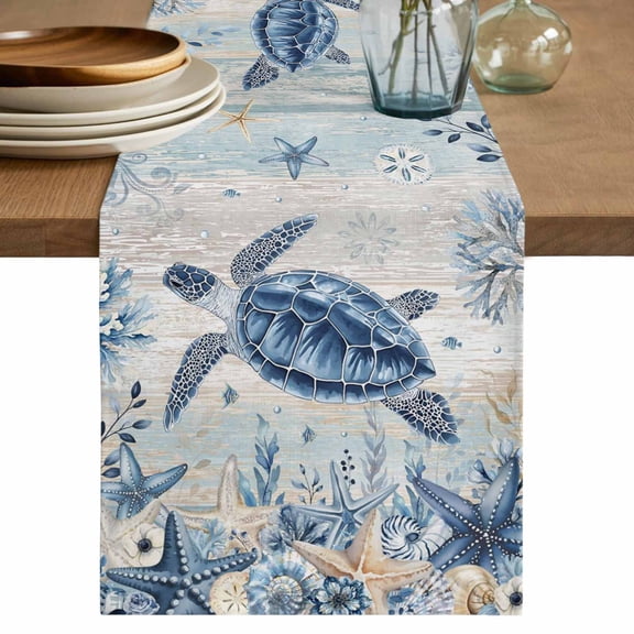 Blue Turtle Coastal Table Runner 72 Inches, Beach Starfish Nautical Coral Vintage Bed Runner Dresser Scarves Tabletop for Indoor Outdoor Parties/Ceremony/Banquet, 16" x 72"