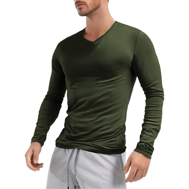 RUNQHUI T-Shirts pour Hommes Doux Micro Col en V Ajusté Manches Longues Respirant Extensible T-Shirts Vert Armée TTG