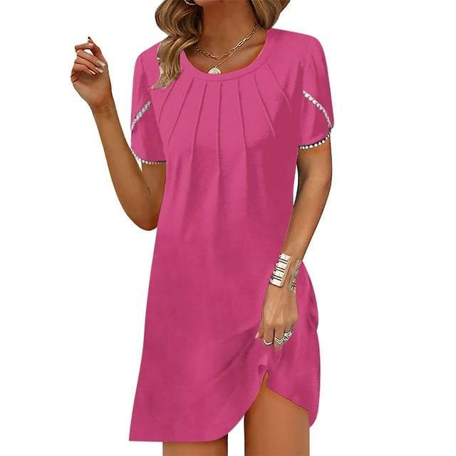 Gspmoly Robes pour Femmes, Nouvelle Robe d'Été Décontractée pour Femme à Col Rond, Couleur Unie, Ample, Plissée à la Poitrine, à Manches Courtes, Robes d'Été pour Femmes jusqu'à 65 % de Rabais
