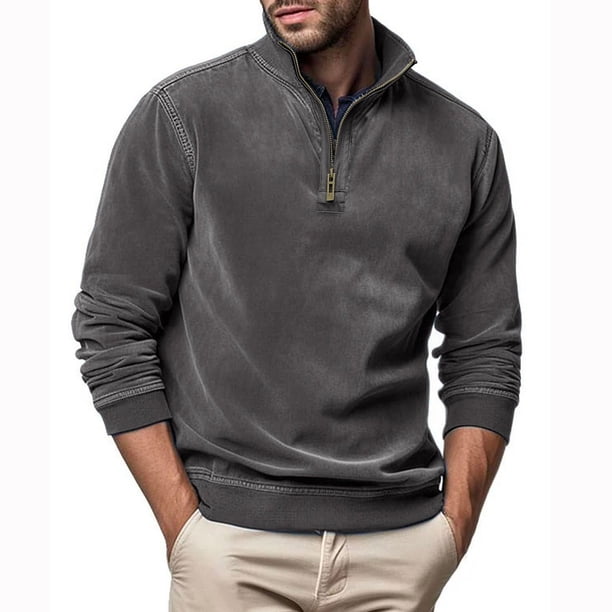 Blusa y camisa de manga larga con cuello alto para hombre, informal, de color liso, con cremallera, de poliéster