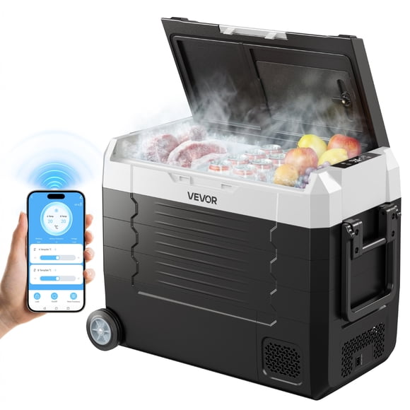 VEVOR Car Refrigerator, DC 12/24V AC100-240V Compressor Electric Cooler, -4°F to 68°F Truck Refrigerator with APP Control, Wheels&Dual Zone