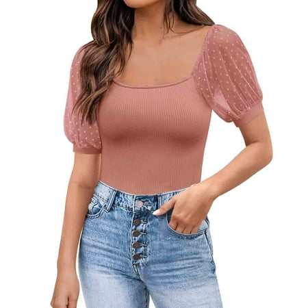 

mveomtd Women Fashion Solid U Neck Short Puff Sleeve Shirt Blouse Loose Tunic Top Short Sleeve Scrub Jackets Pink