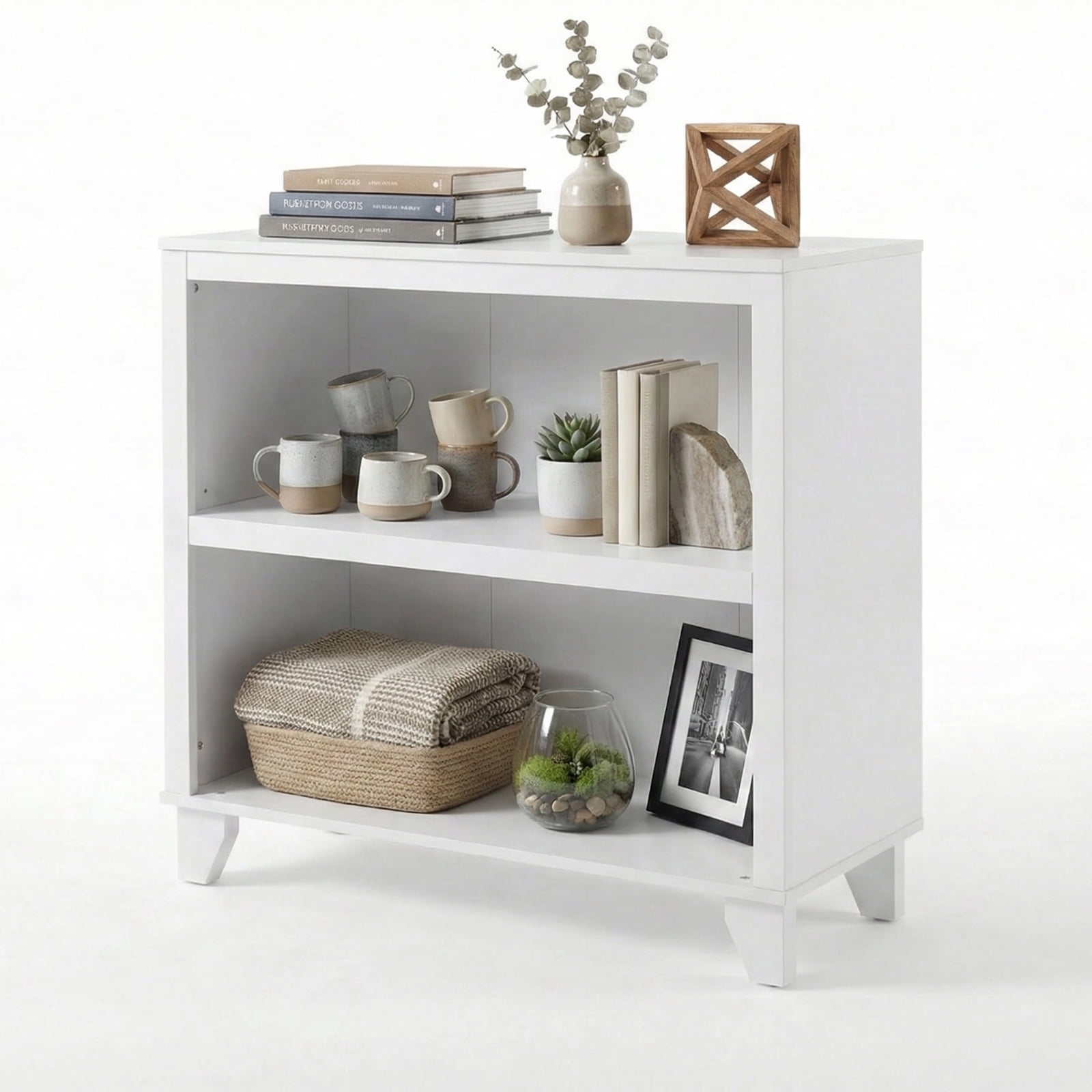 2-Tier Bookcase with Adjustable Shelves，27.56"W x 11.83"D x 28.11"H Floor Standing Open Bookshelf with Wood Legs for Home Office, Living Room, and Bedroom Storage,White