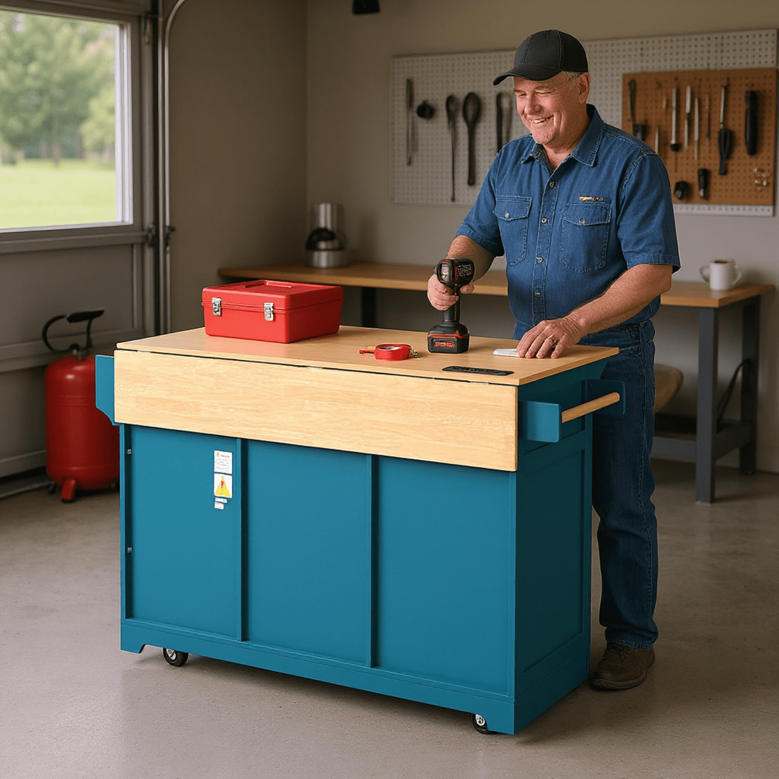 Homy Casa Rolling Large Garage Storage Cabinet with Dual Drop Leaves, Power Outlets for Office Gym, School