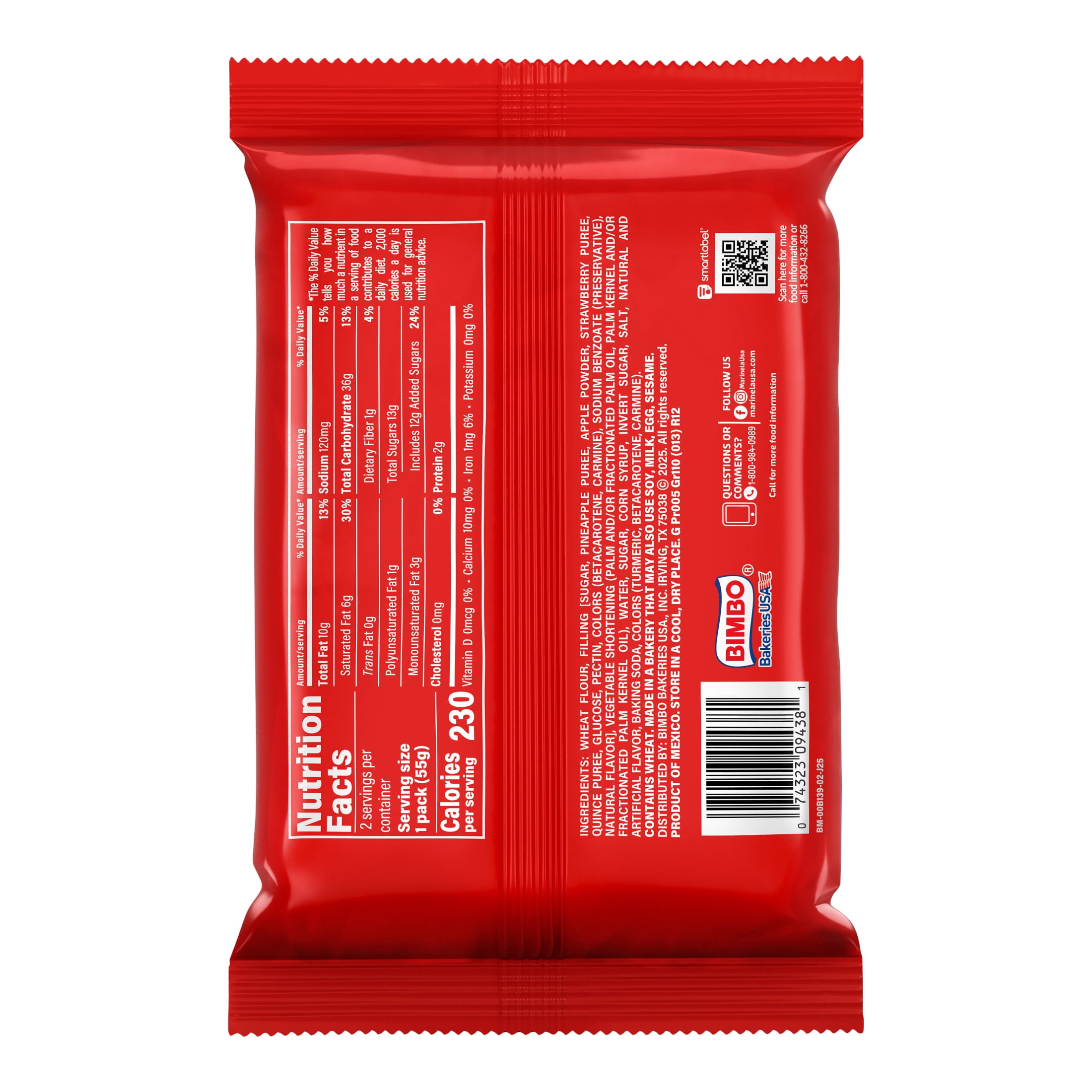 (4 pack) Marinela Barritas Fresa (Twin Pack) Filled Cookies, 2 packs, 3.88 oz