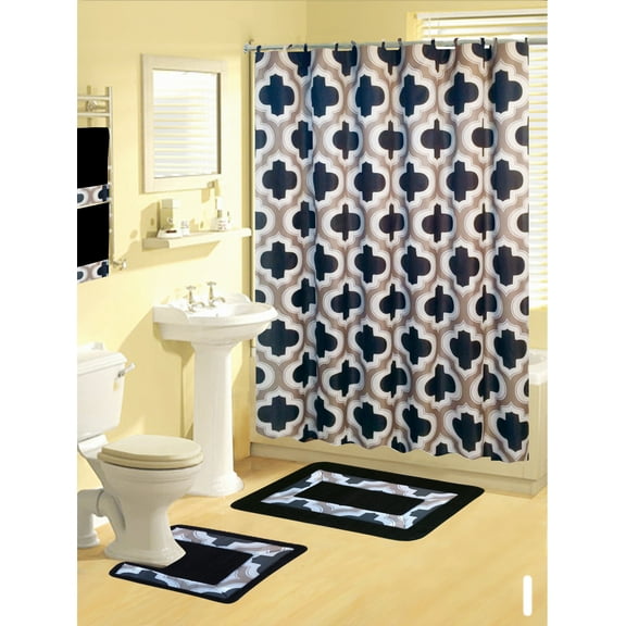 Lattice Gray-Black 17-Piece Bath Rug Shower Curtain Set with Hooks & Towels