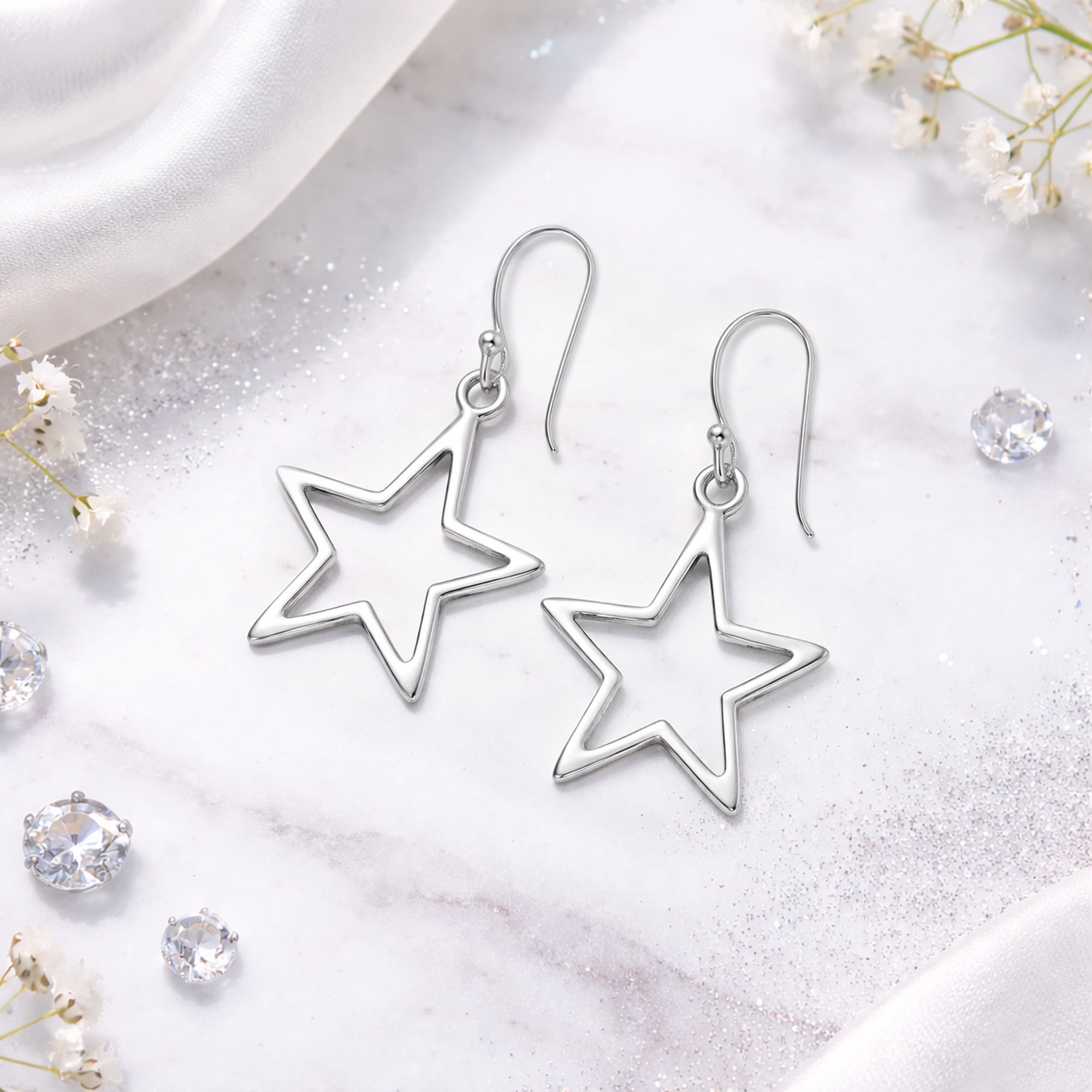 Symmetric Everyday 5 Point Shining Star .925 Sterling Silver Dangle Earrings