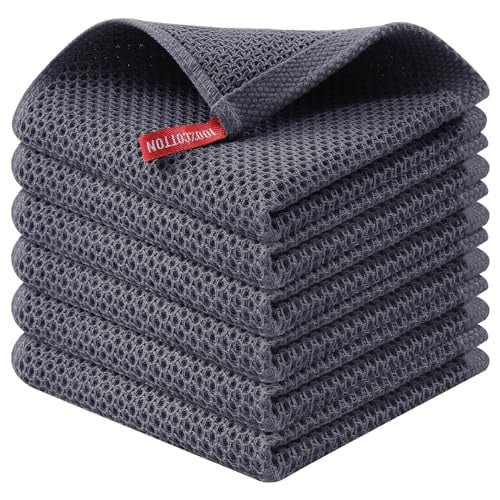 Simmore Kitchen Towels 6 Pack, 100% Cotton Waffle Weave Dish Cloths for Washing Dishes, Dark Grey, 12" x 12"