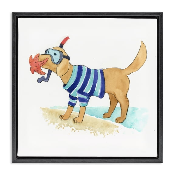 Stupell Industries Contemporary Sandy Dog with Snorkel Black Floating Frame Canvas Art, 18 x 18, by Geoff Allen