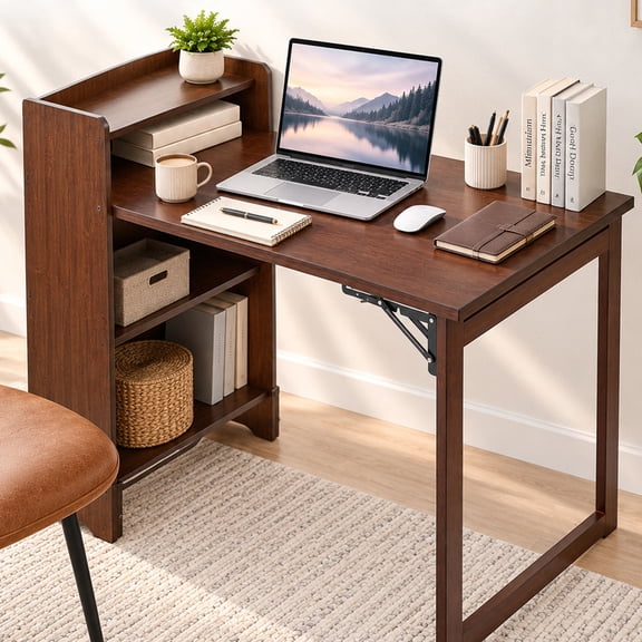 Bamboo Folding Desk with Storage, Foldable Computer Desk for Small Spaces, Writing Study Table for Home Office, Bedroom, Dorm, Apartment