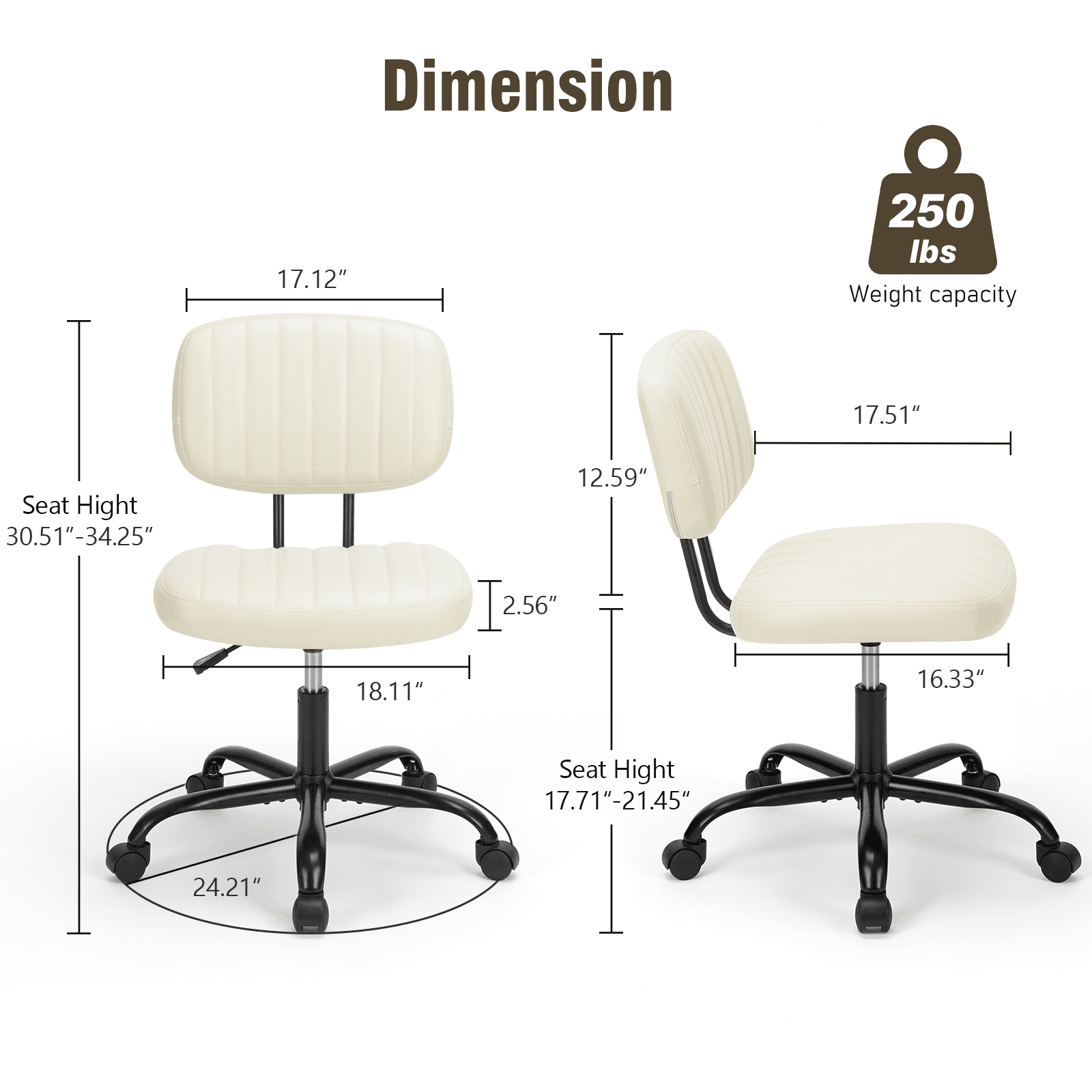 Gianna Armless Office Chair – Adjustable Rolling Task Chair with Lumbar Support for Comfortable All-Day Sitting, Bone gray