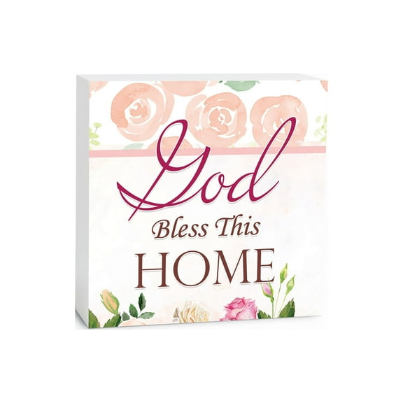 Bless This Home Soft Pink Floral 5 x 5 Wood Tabletop Sign Plaque