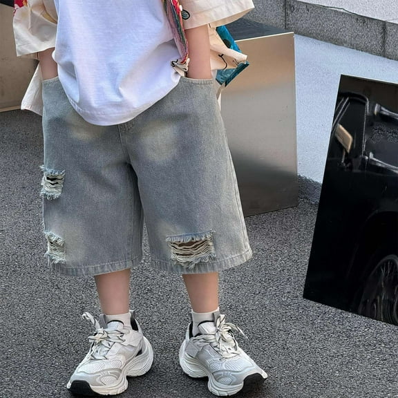 Boys Casual Loose Fit Distressed Denim Shorts For Everyday Wear Comfortable Summer Play Outfits Age 2 To 14 Years Casual Boys Pants Blue 7-8 Years