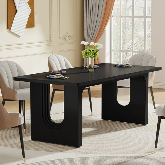 Tribesigns 71-Inch Modern Dining Table for 6 to 8 People, Kitchen Dining Table with Wood Pedestal Base, Rectangular Long Dinner Table for Kitchen, Dining Room, Living Room, Black
