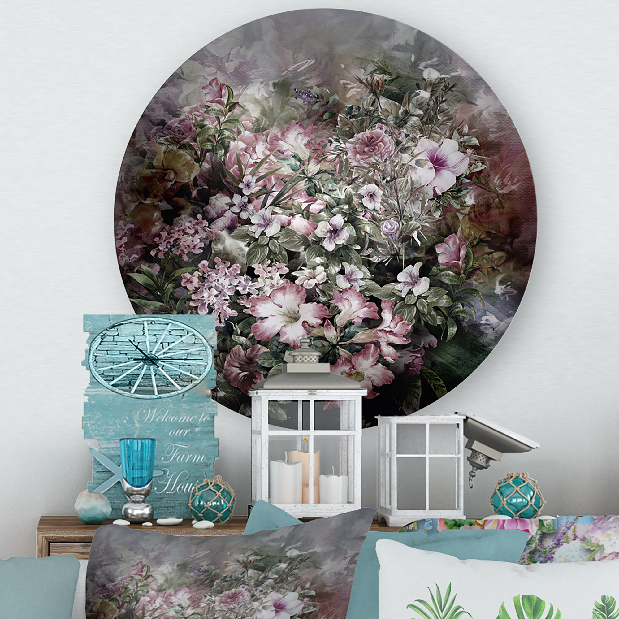 Designart 'Drawing of Flowers Retro IV' Vintage Circle Metal Wall Art 23x23 - Disc of 23