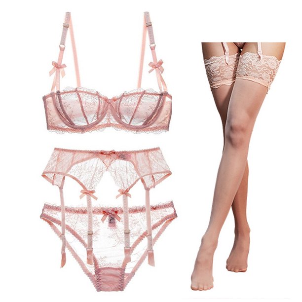 Conjunto de sujetador de 4 piezas de encaje sexy de media copa, ropa interior de mujer, medias con liga
