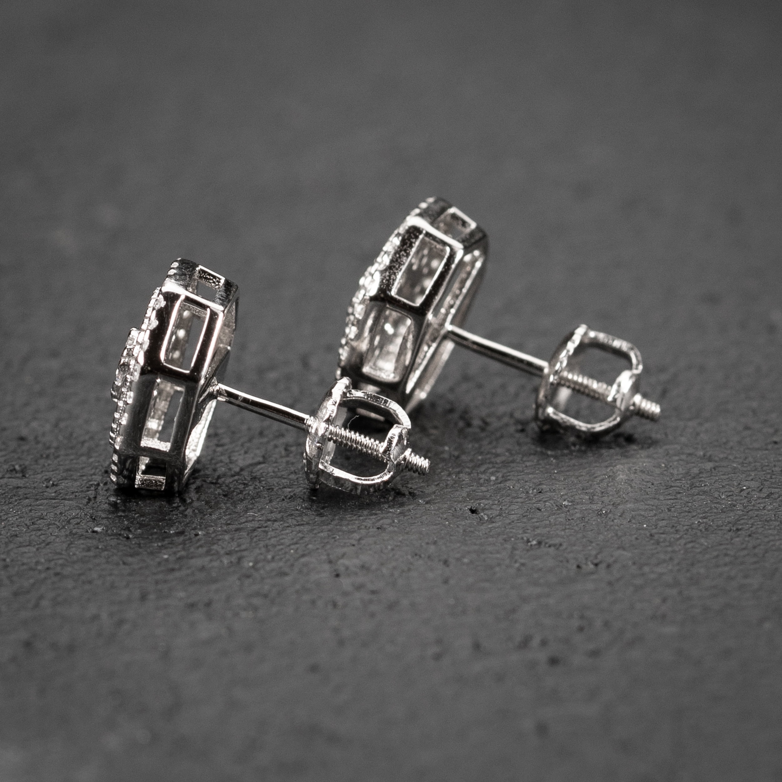 Men's Round White Gold 925 Sterling Silver Screw Back Post Cz Hip Hop Octagon Baguette Cut Cluster Stud Circle Earrings