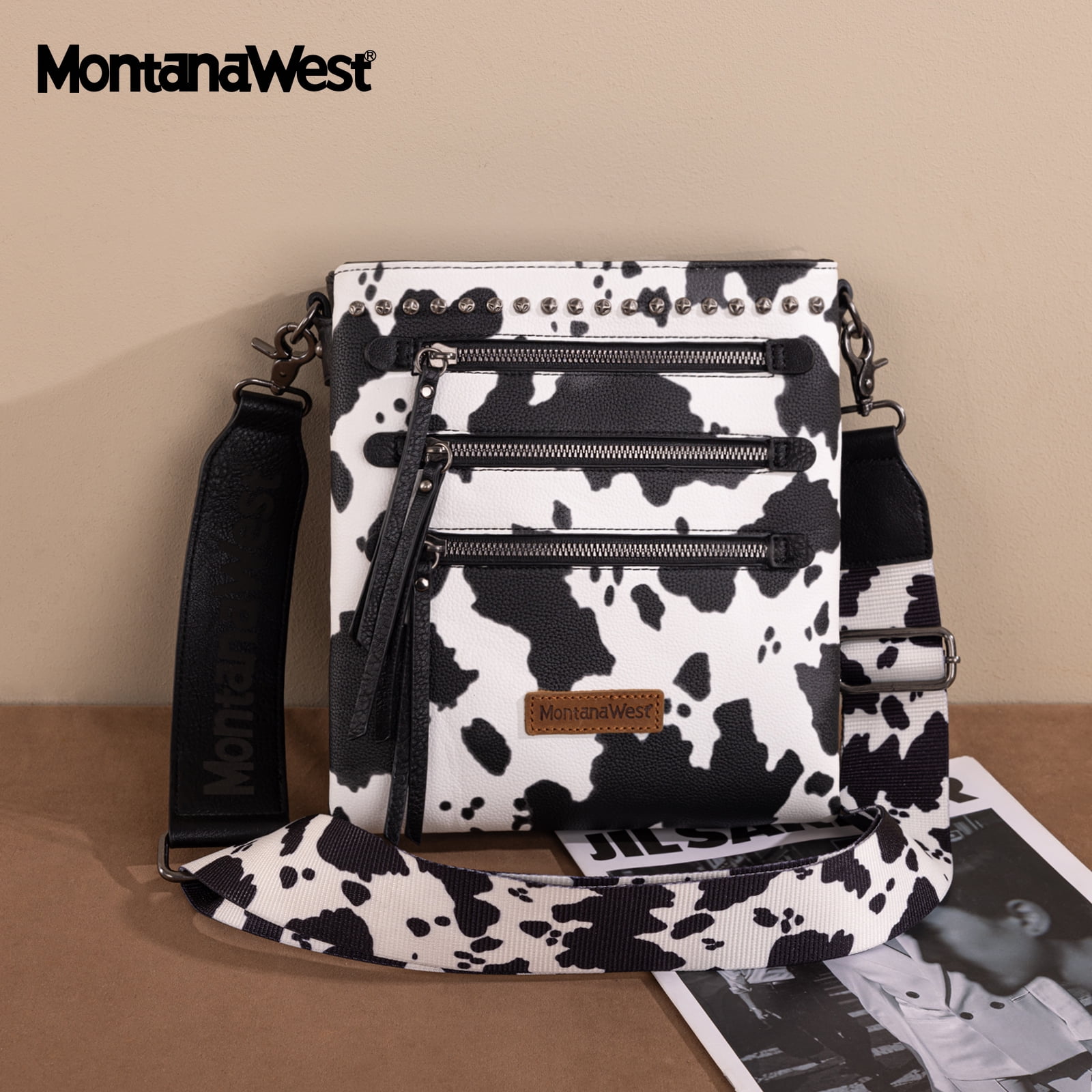 Montana West Crossbody Bags for Women Multi Pocket Cross Body Bag Purses with Guitar Strap, Cow Dark Black