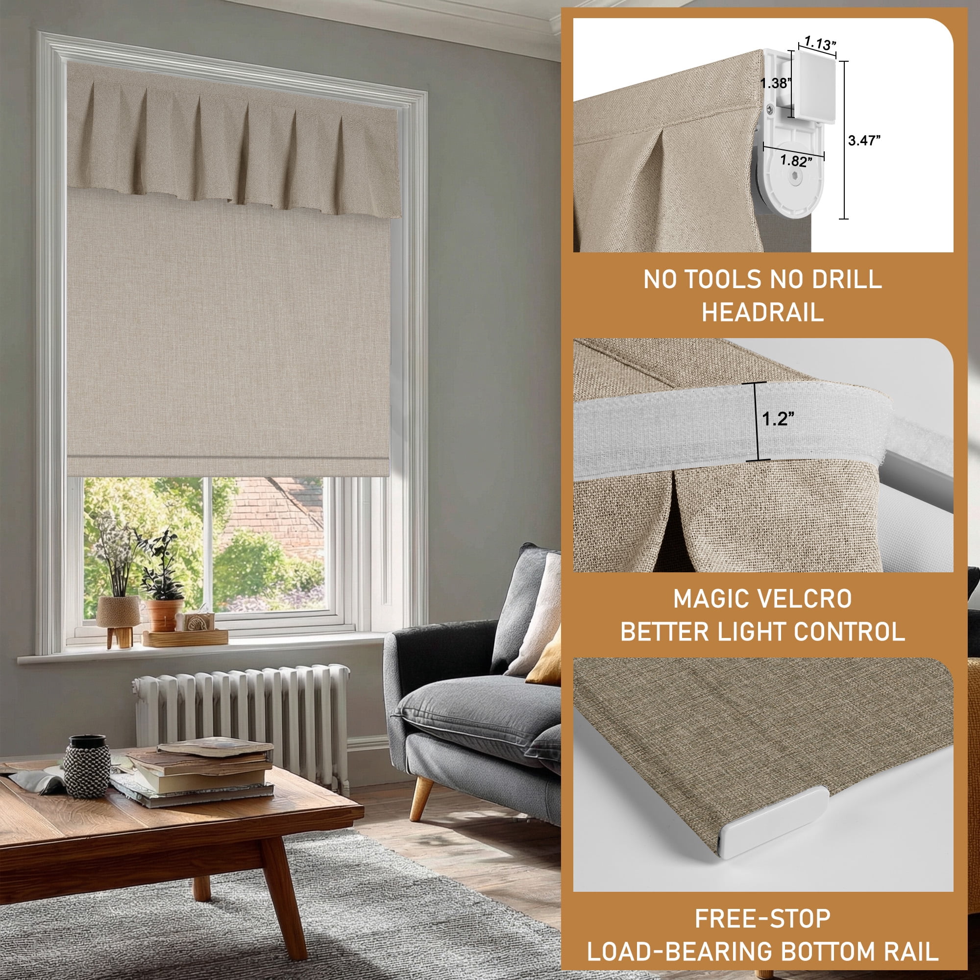 BERISSA No Drill Blinds for Indoor Windows, Blackout Roller Shade With Valance, Room Darkening Noise Reduction Thermal Insulation Roller Blinds for Office and Home,Easy to Install,46"W X 48"H,Brown