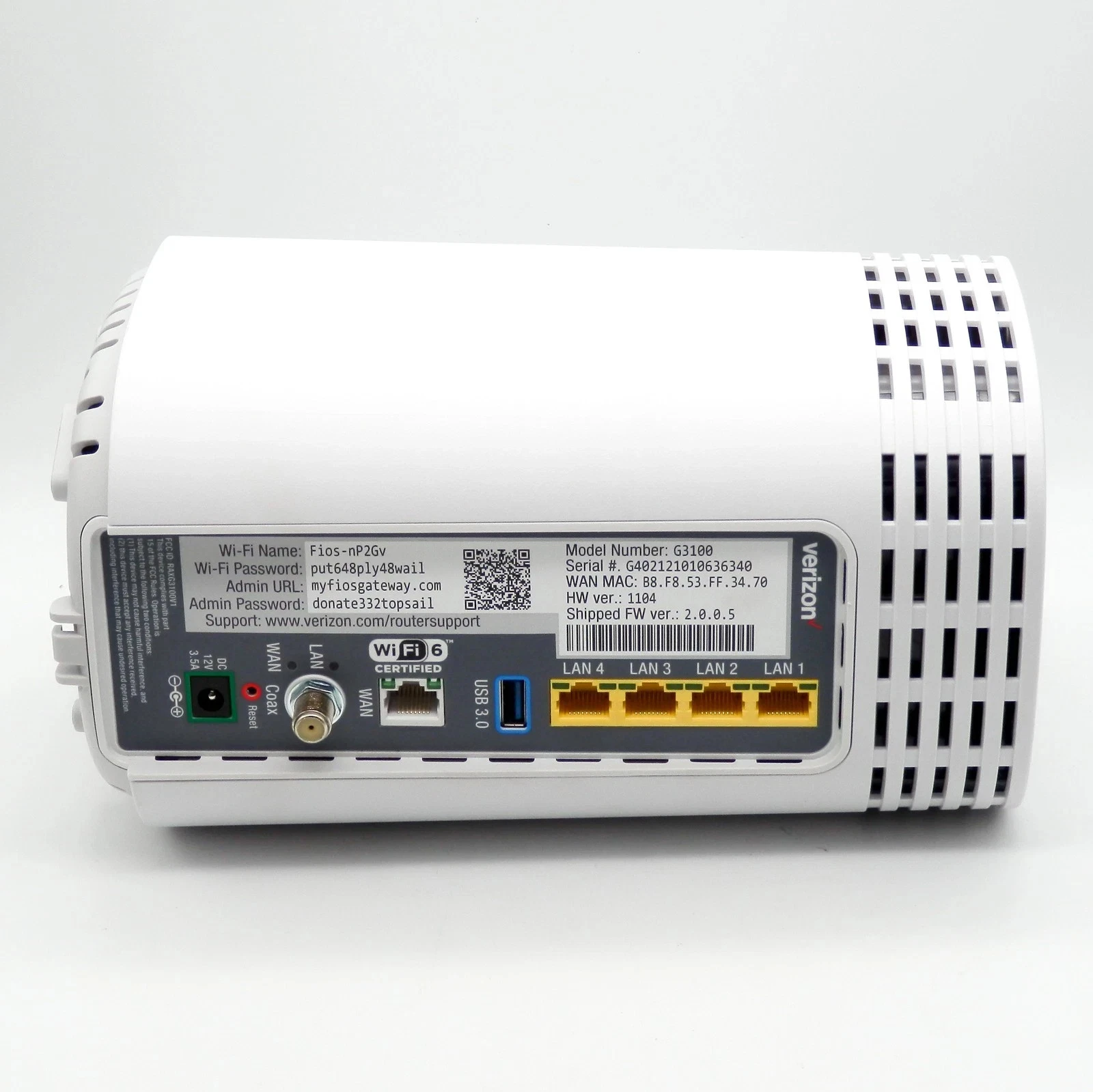 Pre-Owned Verizon G3100 4-Port 1000Mbps Fios Home Router Tri-Band White W/ AC Power Cord