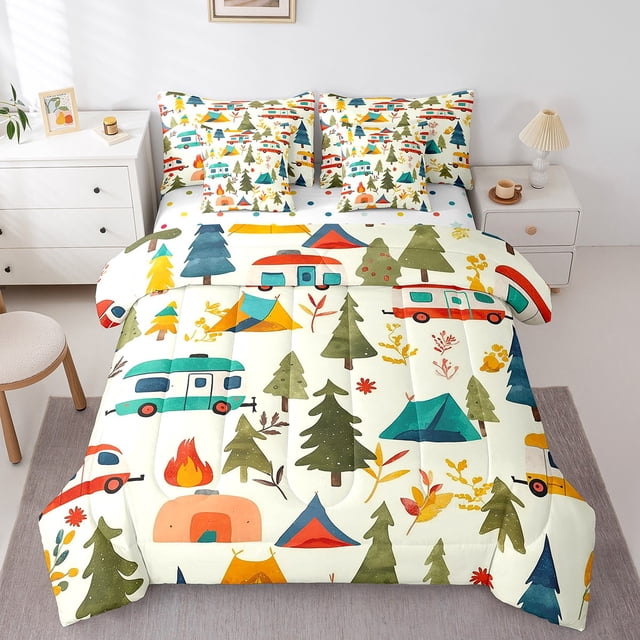 Erosebridal Rustic Camper Bedding Sets Full Size, Happy Camping Comforter Sets with Sheets, Cartoon Car Decor, Reversible