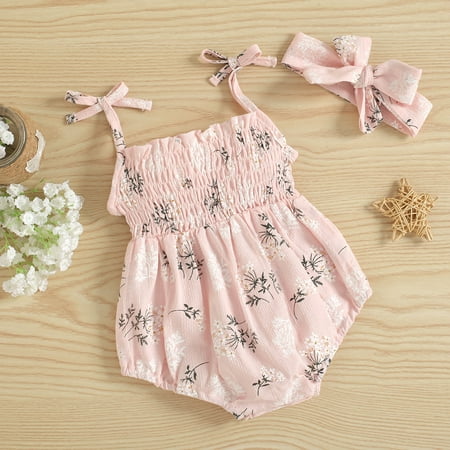 

NEGJ Baby Girls Suspenders Floral Bodysuit Headbands Romper Clothes
